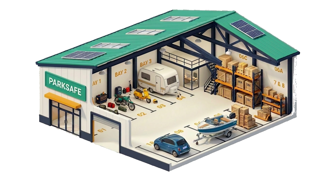 Entrepot securise ParkSafe avec voitures, motos, scooters, caravane et bateau